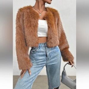 Luxe Camel Vegan Fur Fully Lined Open Front Jacket Coat